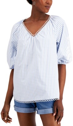 Charter Club Petite Cotton Puff-Sleeve Striped Blouse, Created for Macy's