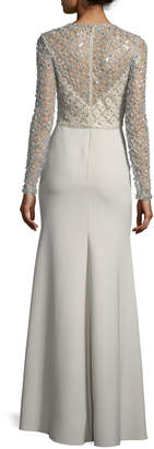 Jenny Packham V-Neck Long-Sleeve Beaded Top Crepe Skirt Evening Gown