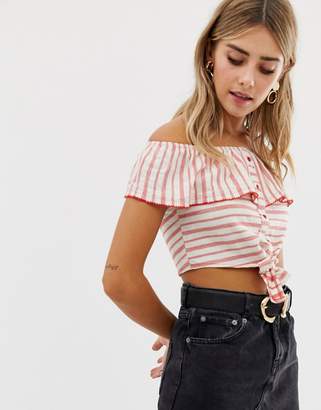 Miss Selfridge Off The Shoulder Top With Button Front Detail In Red Stripe
