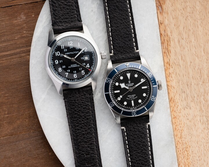 22mm Quick Release Handmade Genuine Leather Watch Strap Fits Omega Rolex Hamilton Timex Seiko Fossil Citizen - Black Full Stitching