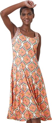 Roman Originals Fit & Flare Dress for Women UK - Ladies Patchwork Geometric Tropical Floral Print Skater Stretch Jersey Swing Strappy Flattering Casual Summer Sleeveless - Blue Yellow White - Size 12