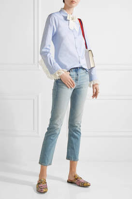 Gucci Bow-embellished Lace-trimmed Cotton-poplin Shirt - Sky blue
