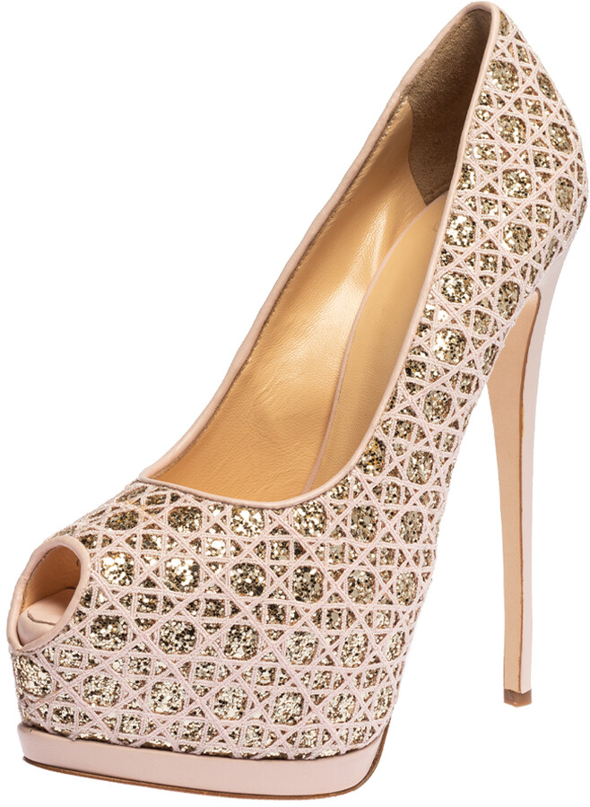 Giuseppe Zanotti Pink Sharon Glitter And Lace Liza Peep Toe
