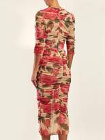 Thumbnail for your product : Dolce & Gabbana Rose Print Ruched Tulle Midi Dress - Womens - White Multi