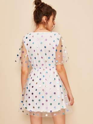 Shein Polka-dot Print Surplice Neck Mesh Overlay Dress