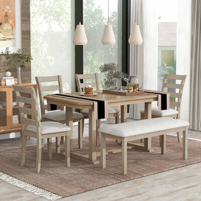 Ophelia & Co. 6-Piece Rubber Wood Dining Table Set with Beautiful Wood Grain Pattern Tabletop Solid Wood Veneer and Soft Cushion