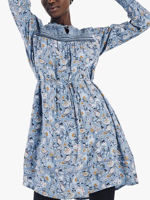 Fat Face FatFace Lucy Festive Floral Smock Dress, Mid Blue