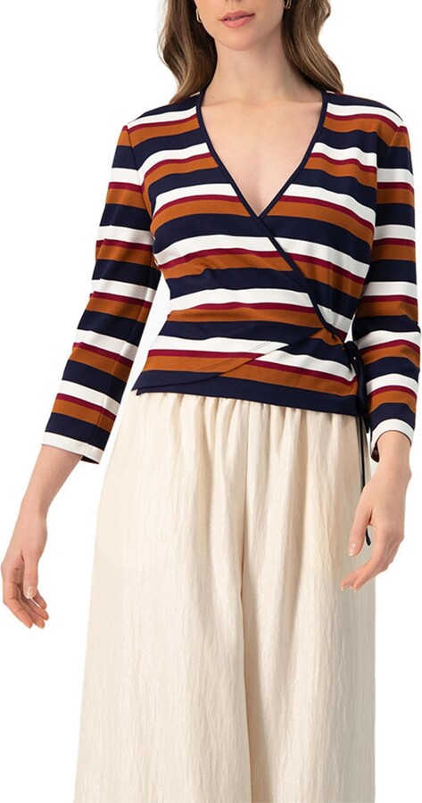Ivonne Women's V-Neck Wrap Blouse with Color Block Stripes