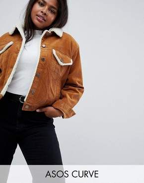 ASOS Curve DESIGN Curve cord jacket with borg collar in rust brown