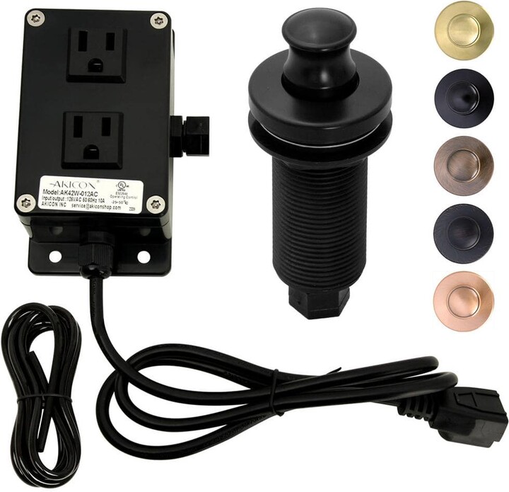 Akicon Garbage Disposal Air Switch Kit, Dual Outlet, Solid Brass Button, Matte Black Long Button Air Switch - AK79002B
