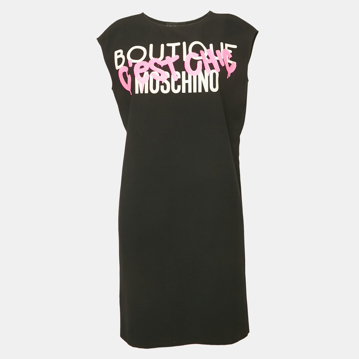 Boutique Moschino Black Printed Crepe Shift Dress S