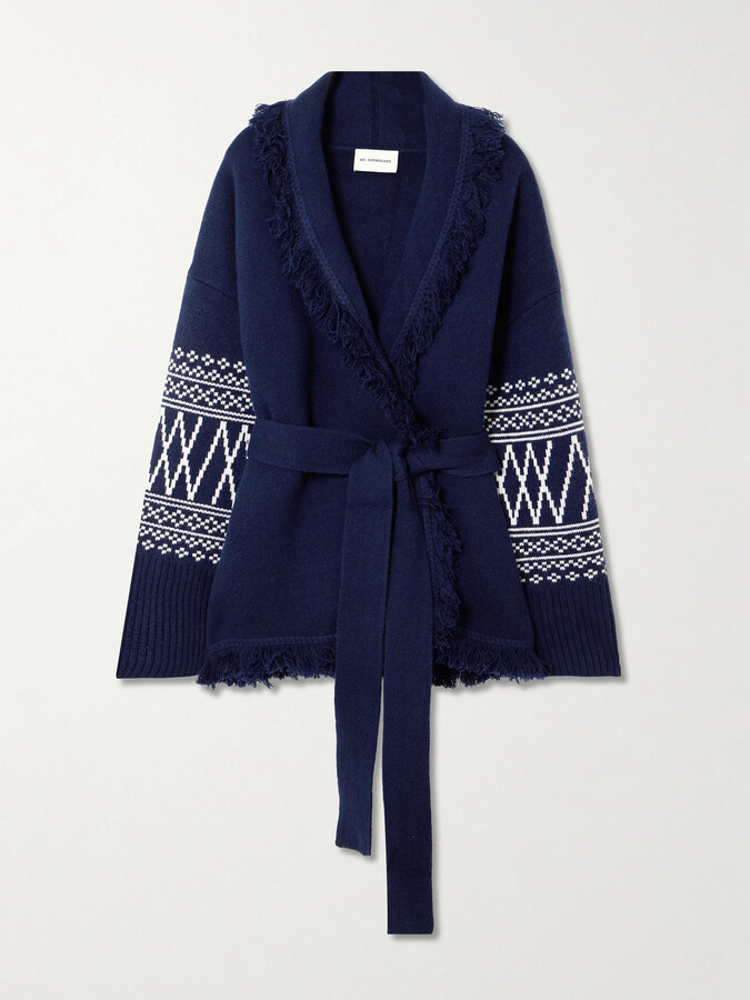 WE NORWEGIANS Setesdal Belted Fringed Intarsia-knit Merino Wool And Cashmere-blend Cardigan - Blue