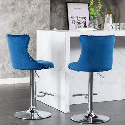 House of Hampton Modern Comfortable Blue Velvet , Adjustable 25 - 33 Inch Seat Height For Kitchen Island ( Of 2 In Velvet, With Back Home Pub And
