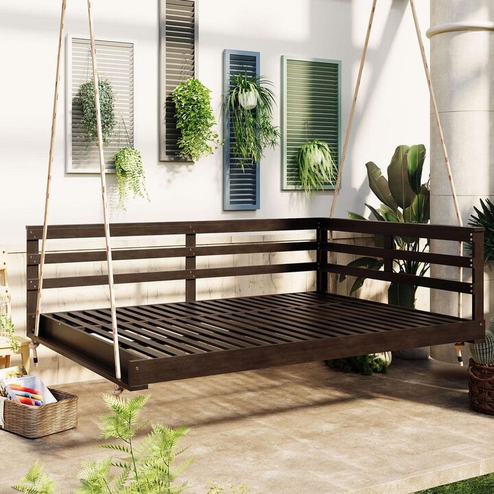 Tenleaf Full Size Brown Acacia Wood Porch Swing Bed with Hemp Ropes