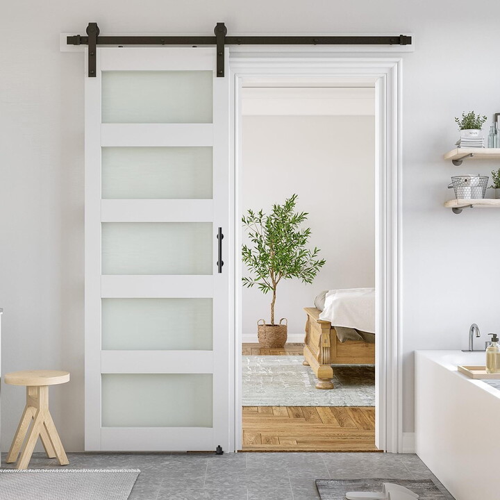 Easy4Home 30"x 84" Glass Sliding Barn Door With 5ft Sliding Door Hardware Kit & Handle Pre-Drilled