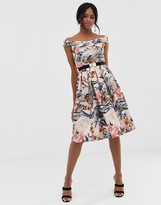 Thumbnail for your product : Little Mistress off shoulder printed midi dress with belt detail