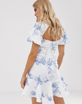 Thumbnail for your product : ASOS DESIGN bubble floral sleeve square neck mini dress with wicker belt