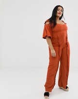 Thumbnail for your product : Lost Ink Plus Cold Shoulder Jumpsuit With Frill Leg Detail In Textured Fabric