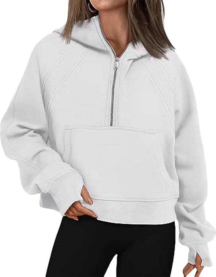 Generic Women's Hoodie Long Sleeve Zipper Casual Sweatshirt Loose Solid Casual Hoodies with Pockets YC1210-White S