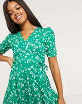 Thumbnail for your product : Lipsy puff-sleeved wrap-front mini tea dress in green spot print
