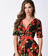 Thumbnail for your product : Unique Vintage 1950s Black & Red Rose Delores Swing Dress with Sleeves