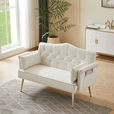 Latitude Run Cream White Velvet Loveseat Sofa