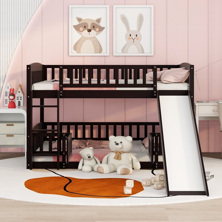 Bunk Bed with Slide,Full Over Full Low Bunk Bed with Fence and Ladder for Toddler Kids Teens