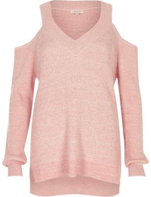 River Island Womens Pink cold shoulder V neck lurex sweater
