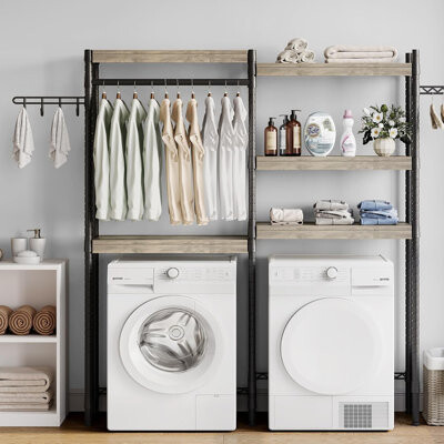 OUTGOODS Laundry Room Organization And Storage, 5 Tier Wood Over The Washer And Dryer Storage Shelf With Drying Clothes Racks