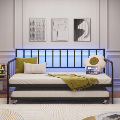 Brayden Studio Daybed with Trundle Metal Trundle Bed Sofa Bed Frame with Heavy Duty Metal Slats Sppports