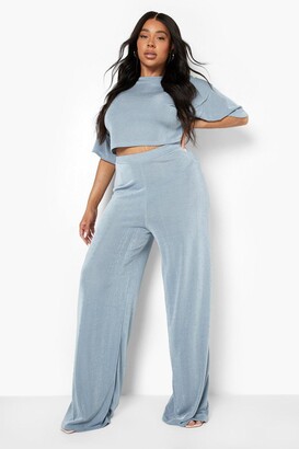 boohoo Plus Slinky Top And Wide Leg Trouser Co Ord