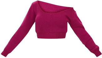 PrettyLittleThing Raspberry V Neck Off Shoulder Knitted Cropped Jumper