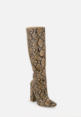 Missguided Beige Snake Print Calf Height Heeled Boots