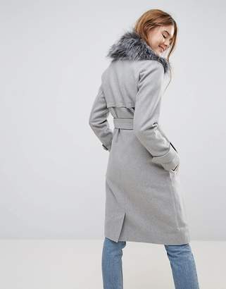 New Look Faux Fur Collar Belted Midi Coat