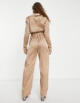 Thumbnail for your product : Public Desire oversized satin utility jumpsuit in camel