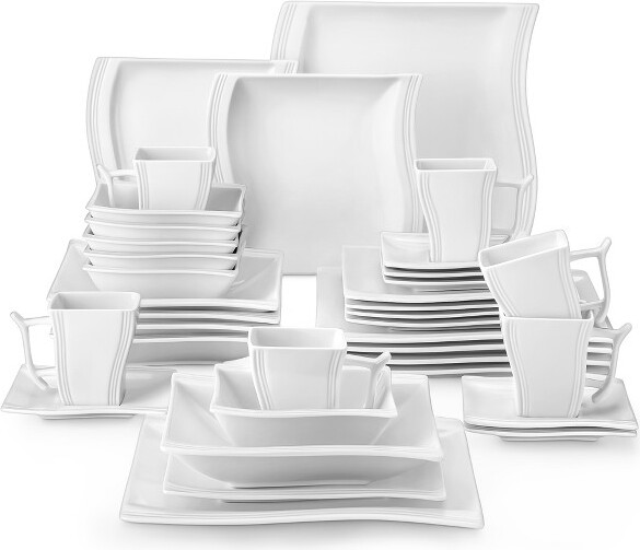 vancasso36PiecesCeramicDinnerwareSetWitePoreclainIrregularShapePlatesDinner/Dessert/SoupPlateBowlCupAndSaucerFor6People