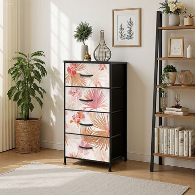 4 Drawer Vertical Storage Dresser tropic floral pastel dry palm leaves watercolor boho tropical with Wood Top Fabric Pull Drawers