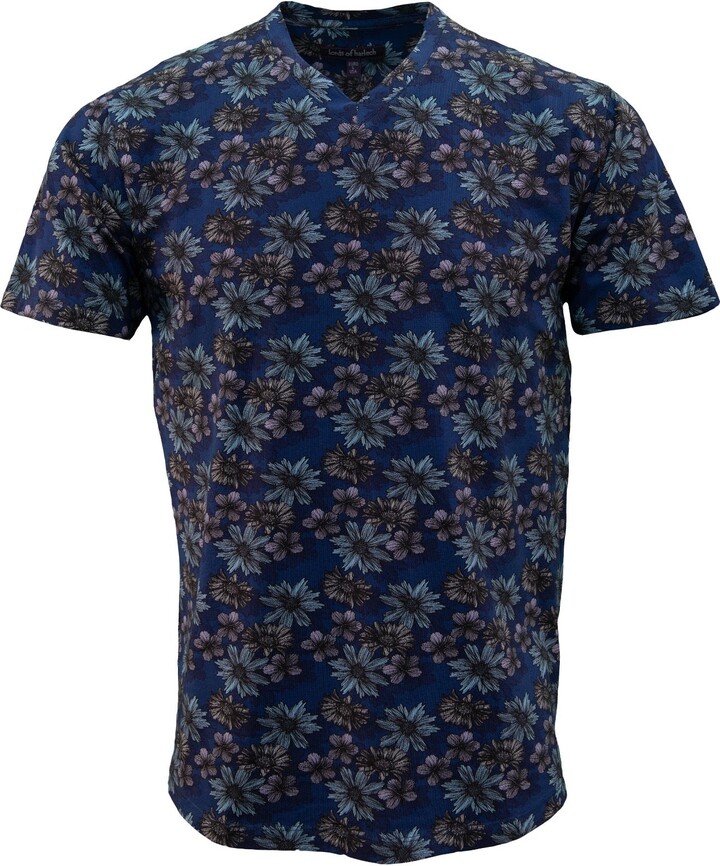 Lords of Harlech Blue Maze Italian Floral V-Neck Tee - Navy