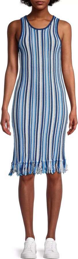 White + Warren Mercerized Cotton Fringe Dress In Blue Combo