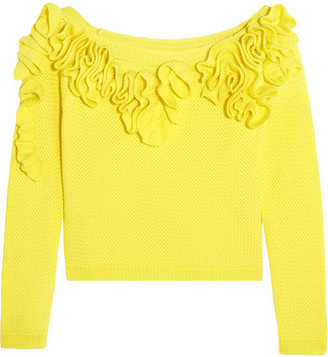 DELPOZO Off-the-shoulder Ruffled Basketweave Cotton Top - Yellow