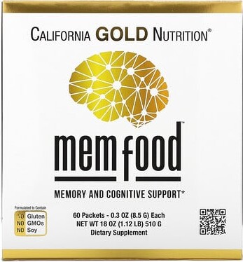 California Gold Nutrition, MEM Food, Memory & Cognitive Support with MEM Blend, L-Serine, Organic Lion's Mane and Blueberry Juice Powder, 60 Packets, 0.3 oz (8.5 g) Each