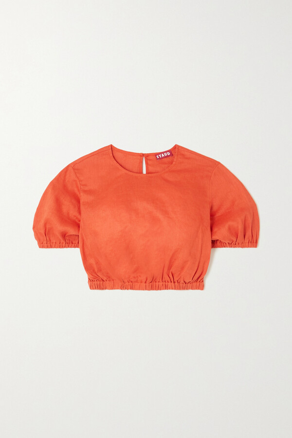 STAUD Athena Cropped Linen Top - Orange - ShopStyle