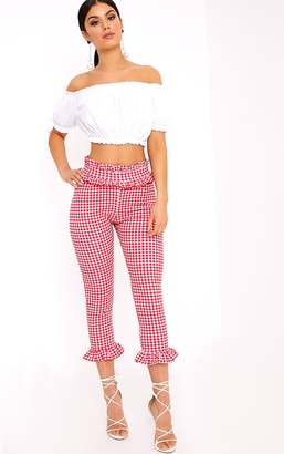 PrettyLittleThing Keren Red Gingham Frill Trim Trousers