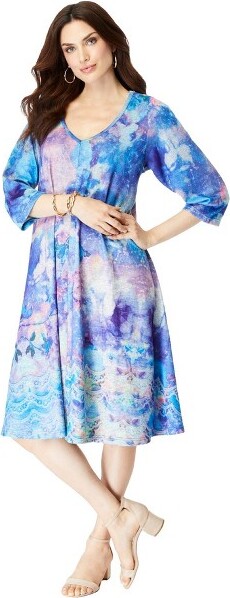 Roamans Roaman'sPrintedV-NeckDress-14/16,BlueMultiFloral