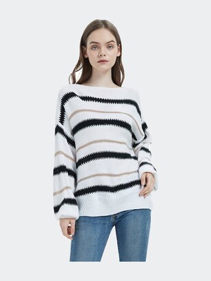 Viottiset Womens Striped Pullover Crew Neck Chenille Knit Sweater Loose Top 