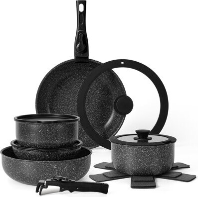 Daily 15-Piece Granite Nonstick Pots and Pans Set, Detachable Handles & Glass Lids, Induction Compatible
