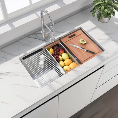 The Ai Furniture 33 Undermount Workstation Sink-33 X 19 Inch Undermount Stainless Steel Kitchen Sink 18 Gauge, Handmade R10 Radius 10 Inch Deep Undermount Single Bowl