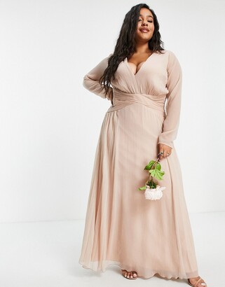 ASOS Curve ASOS DESIGN Curve Bridesmaid ruched waist maxi dress with long sleeves and pleat skirt in blush