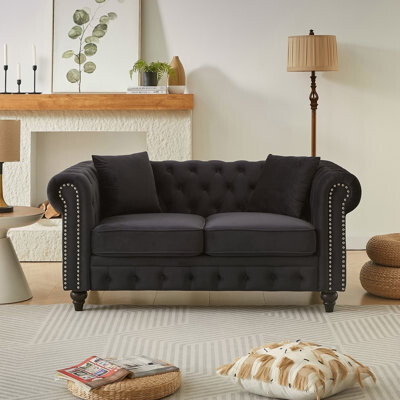 Mercer41 Luxurious Velvet Chesterfield Sofa With Button Tufting And Nailhead Arms Includes 2 Pillows For Elegant Living Room Seating