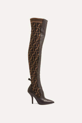 Fendi Rockoko Logo-jacquard Stretch-knit And Leather Over-the-knee Boots - Brown
